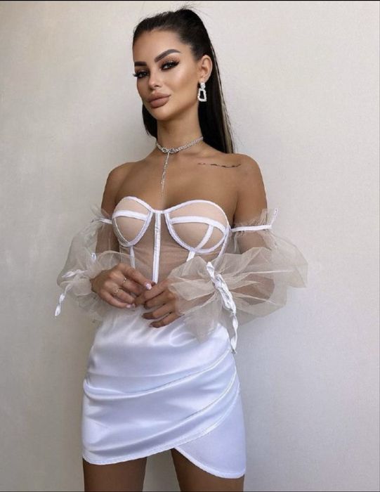 Compleu damă elegant – top corset + fustă mini satinată