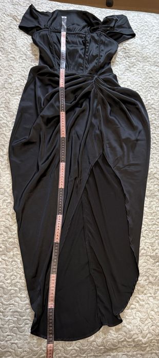 Rochie eleganta neagra satin off shoulder corset slit sexy