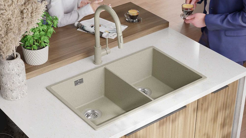 Беж гранитна мивка с две корита за вгражда Лондон 80 Twin 760 x 470 мм