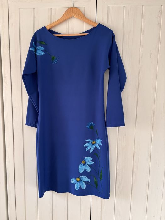 Rochie albastra, marimea S/M pictata manual