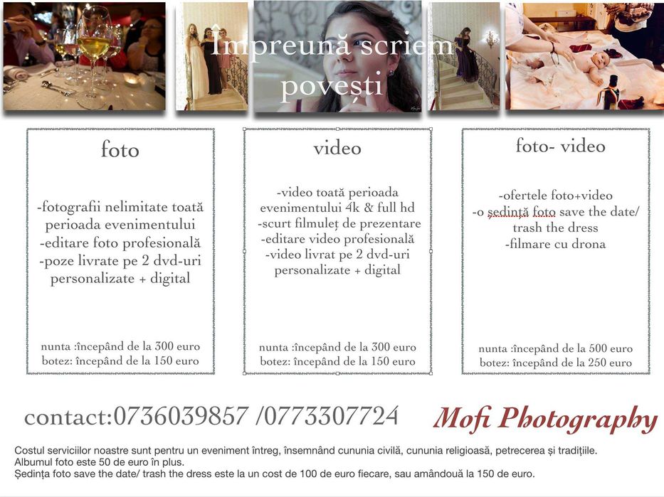 Servicii Profesionale Foto-Video Evenimente/Nunti/Botezuri/Promovare