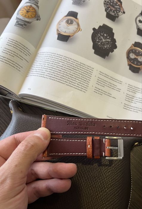 Curea pentru ceas din piele Epsom portocalie-lucrată și cusută manual