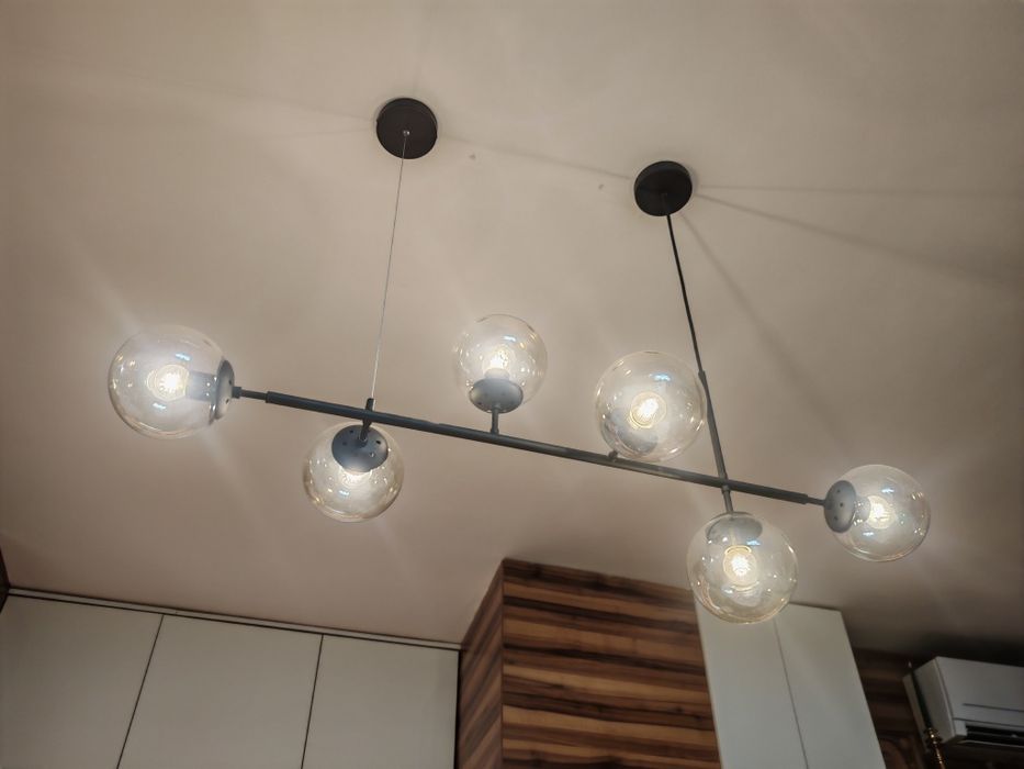 Черен полилей 120 см 6 прозрачни сфери с трицветни led крушки Е27