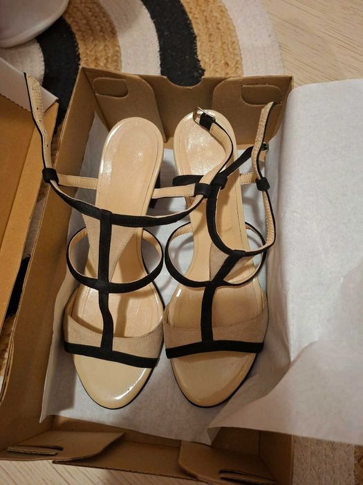 Sandale piele naturală bej cu negru