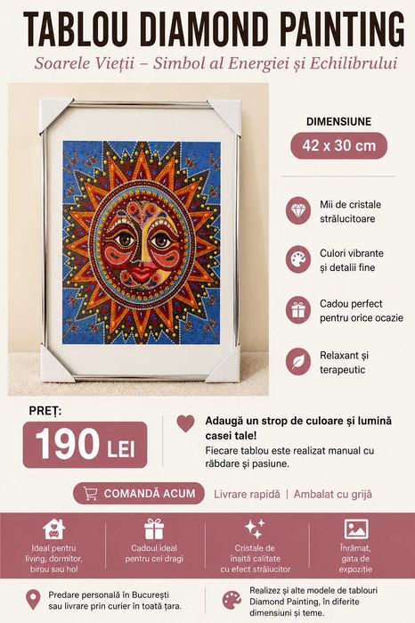 Tablou Diamond Painting Handmade, Soarele Vieții, Înrămat, 42 x 30 cm - PRET REDUS