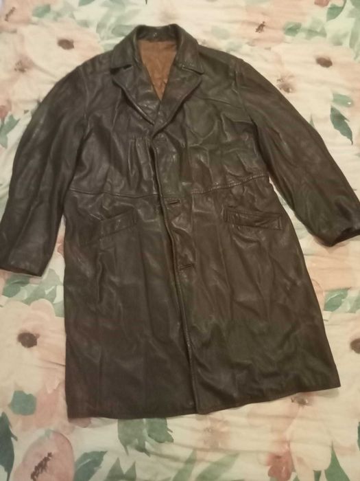 Haină lungă din piele naturală vintage – maro închis