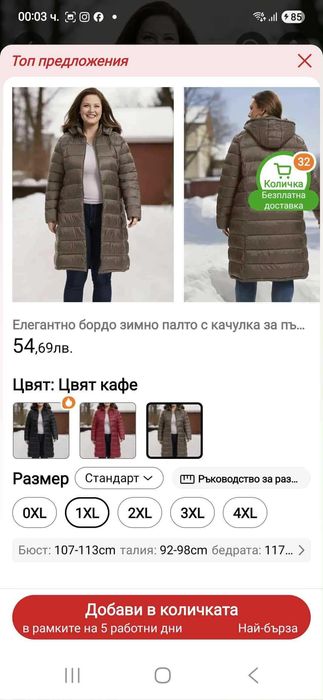 Дълго зимно яке с качулка, номер XXL. Цвят шоколад