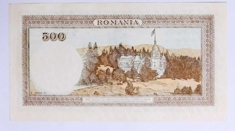 Bancnotă  de COLECȚIE 500 LEI 1941 Stare perfecta -AUNC Castelul Peleș