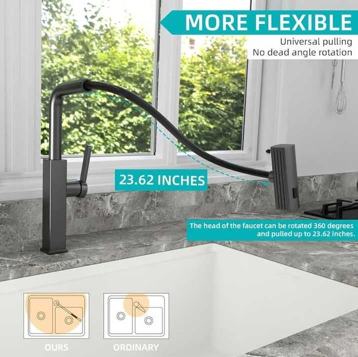 Robinet bucatarie curgere tip cascadă, jet, spray, duș extractibil