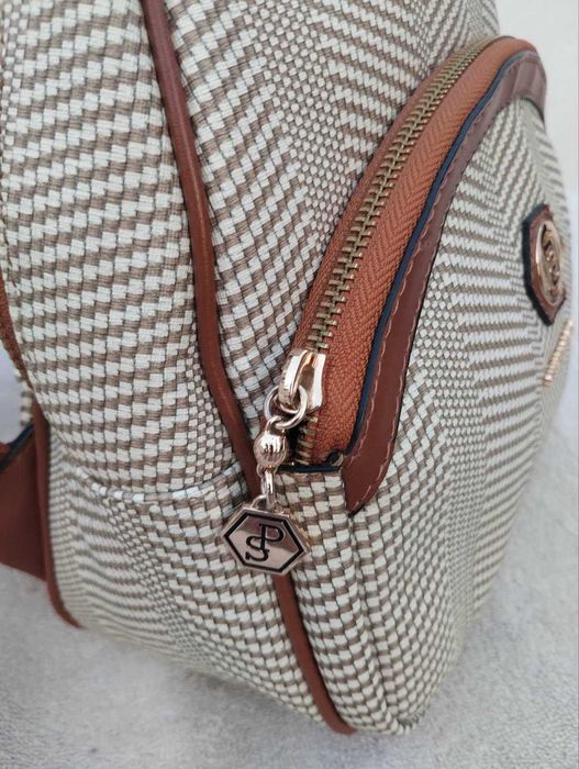 Елегантна дамска раница Silver & Polo – десен пепит / кафява еко кожа