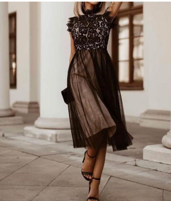 Дамска официална рокля бежово и черно