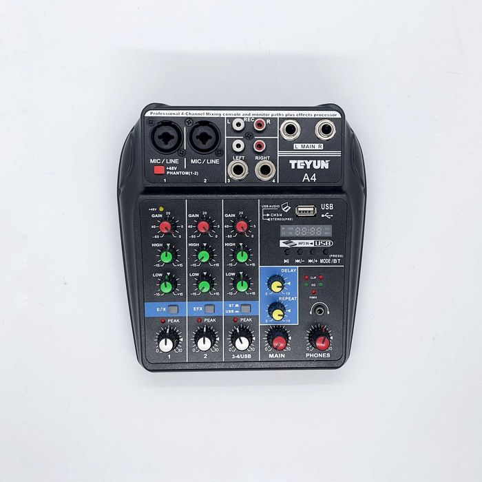 TEYUN A4 USB аудио миксер – 4 канала, Bluetooth, 48V Phantom Power