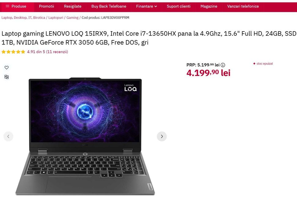 Laptop gaming LENOVO LOQ 15IRX9, i7-13650HX - LAP83DV00PPRM