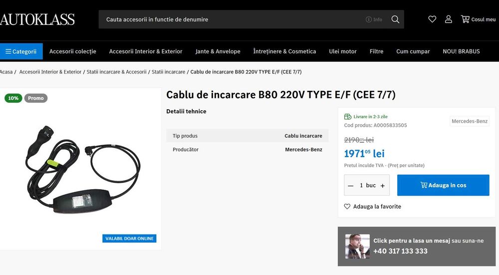 Cablu incarcare Mercedes la priza 220V, nou, original