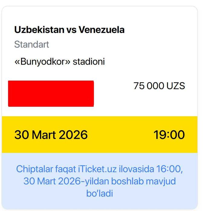 Uzbekistan vs Venezuela o'yiniga chiptalar va biletlar