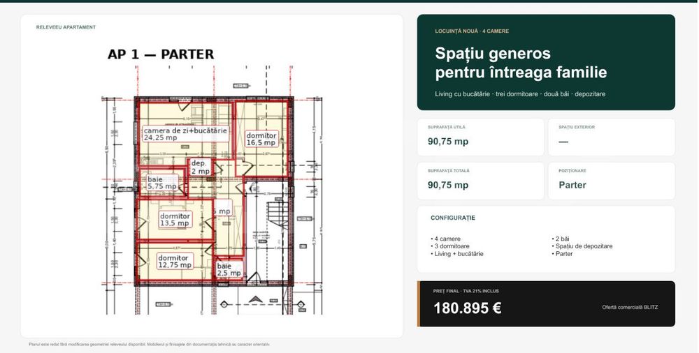 Apartament generos cu 4 camere si doua bai, 90,75 mp