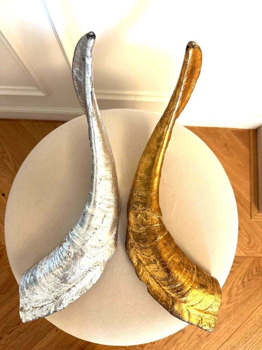RAR ! Pereche de coarne autentice ovina/caprina decorative cu de aur și argint !