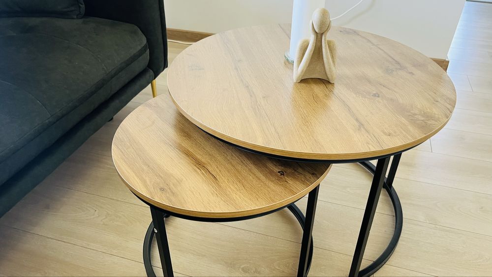 Set 2 măsuțe cafea stejar cu picioare negre – 70 cm + 50 cm