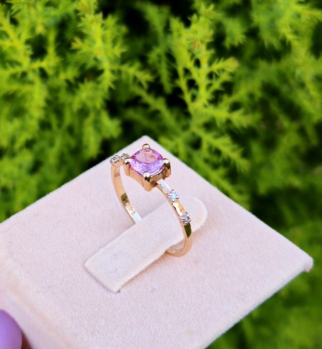 Inel din aur de 14K cu safir roz natural și diamante naturale