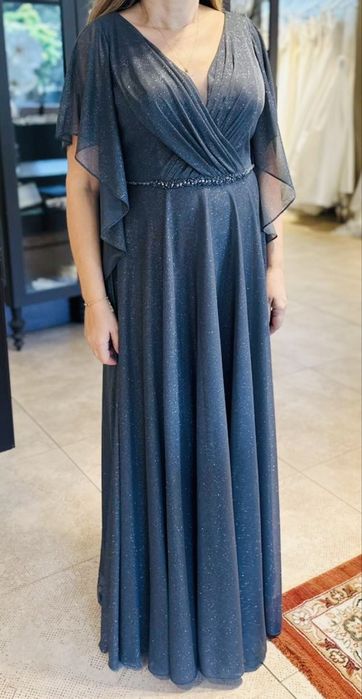 Официална дълга сива рокля със син оттенък