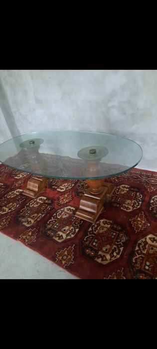 Măsuță cafea din lemn ,bronz si blat din cristal