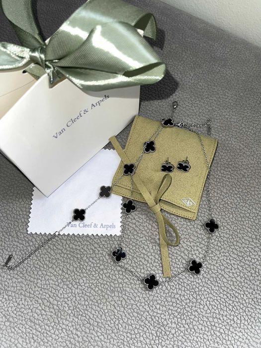 ван клиф сет бижута сребърни с черна детелина комплект van cleef колие