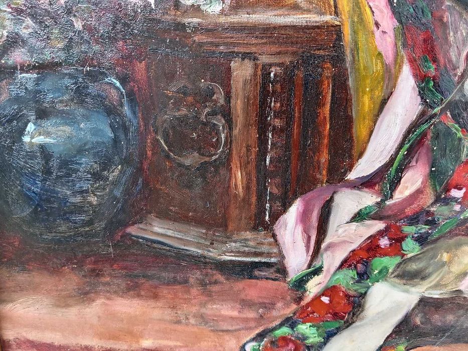 Pictura veche - natura statica cu cobza - semnat Satmary