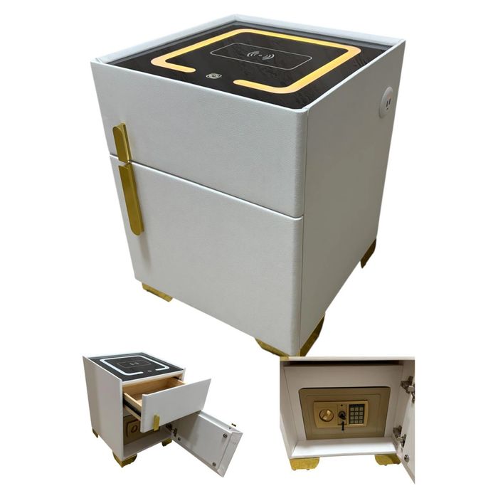 Noptiera inteligenta cu seif, LED Touch, incarcare wireless, sticla securizata