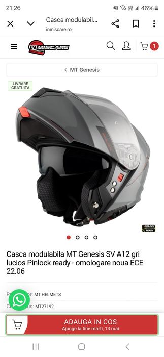 Casca modulabila MT Genesis SV A12 gri lucios Pinlock ready