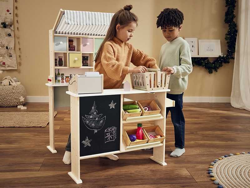 НОВИ! Дървен детски магазин щанд с черна дъска и тента 83x110x75см