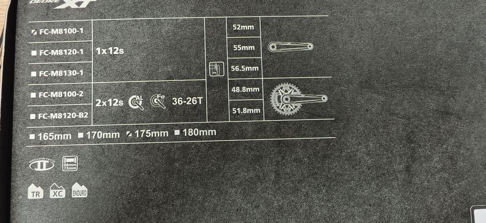 Курбели Shimano XT FC-M8100,8120,8130 12sp 170,175mm Рамена за Курбели