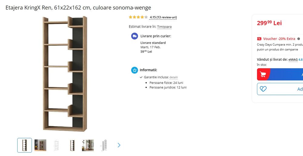 Biblioteca Etajera KringX Ren, 61x22x162 cm, culoare sonoma-wenge