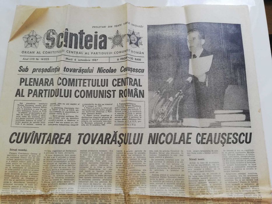 Ziar SCANTEIA 6 oct 1987 Plenara Comitetului Central al Partidului Comunist Roman + Cuv. Tov. Nicolae Ceausescu