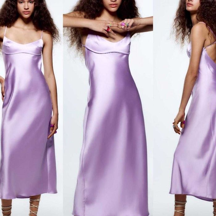 Rochie midi spate gol Zara liliac mov deschis pudra pastel satinată cu bretele