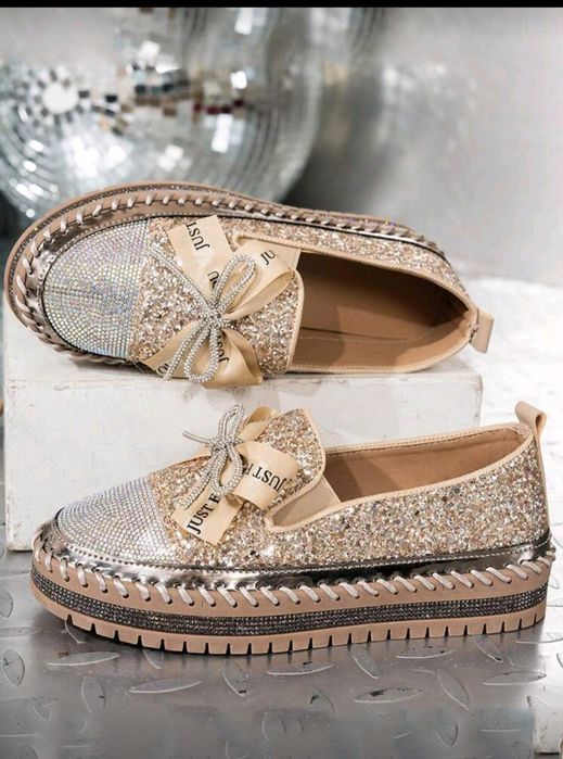 Mocasini/Tenisi de Damă Noi, cu Sclipici și Fundă - Mărimea  39 (38)