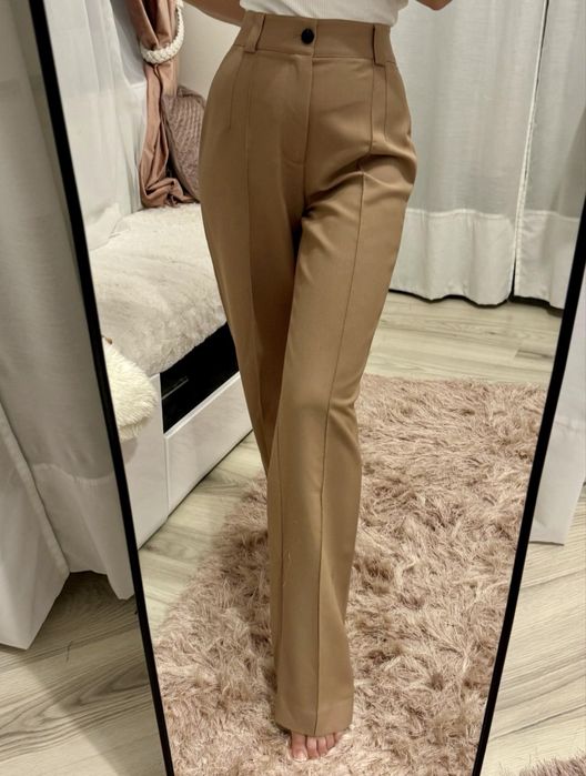 Pantaloni bej camel drepti eleganti cu talie inalta Zara marimea M