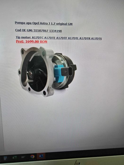 pompa apa electrica cu senzor opel astra J 2014 cod 55587867 ,490 lei
