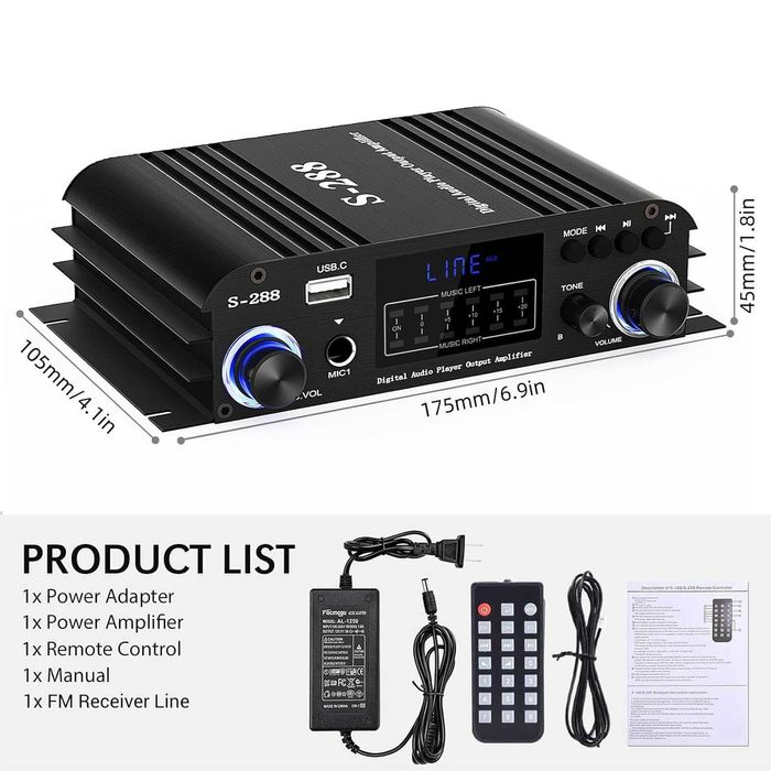 Facmogu S-288 Amplificator audio stereo,Bluetooth 5.0,4 canale,RMS 45W