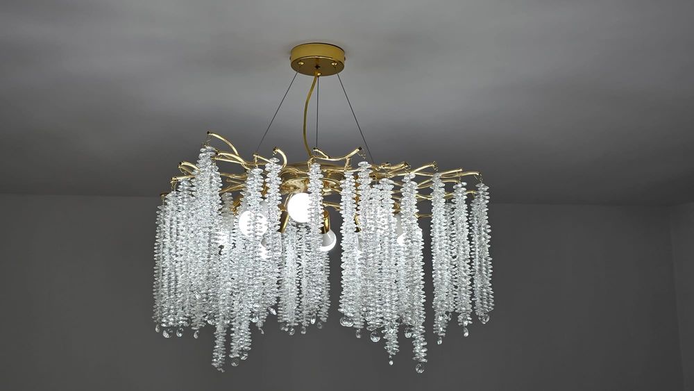 Lustre moderne / elegante – Candelabru auriu cu cristale & Lustră cromată și veioză (Se vând și separat)