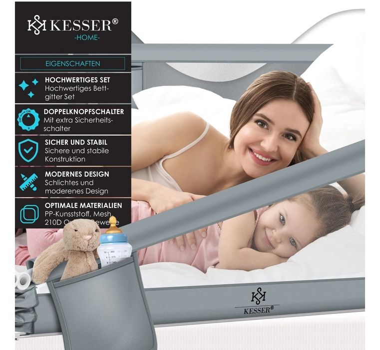 Защитна ограда за детско легло, размери 180 см x 44 см x 72-96 см