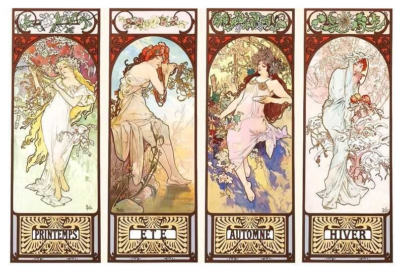 Lucrare Alphonse Mucha “4 anotimpuri”_reproducere pe pânză înrămată