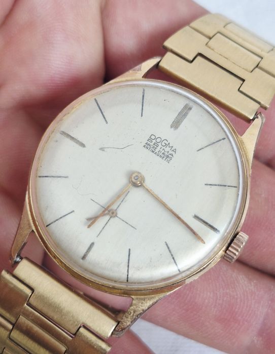 Ceas bărbătesc mecanic vintage Dogma Prima, din oțel inoxidabil placat cu aur (10 microni), anii 1950.