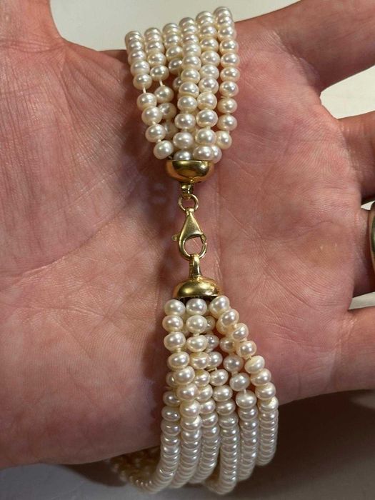 COLIER AUR 18K + 12 x 50 = 600 PERLE + 74 Diamante = 2.2CT + Aquamarin Inima = 3CT !