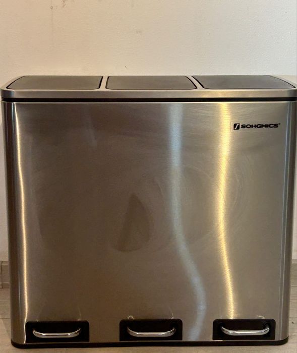 SONGMICS Coș de Gunoi din Inox, cu 3 Compartimente Colectare Selectivă