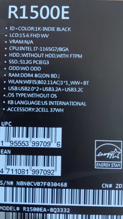 Laptop Asus Vivobook R1500E Intel Core i7-1165G7 8Gb Ram 512Gb SSD