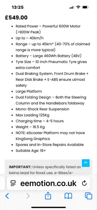 Електрическа тротинетка Kingsong n10; 500w