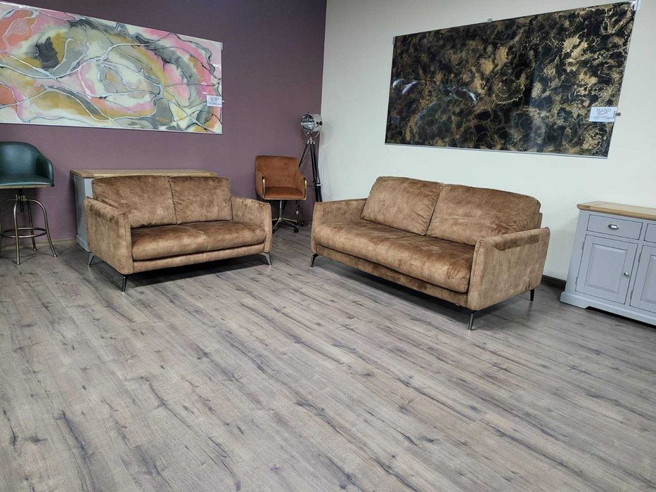 Дизайнерски кафяв комплект дивани от плат кадифе тройка и двойка