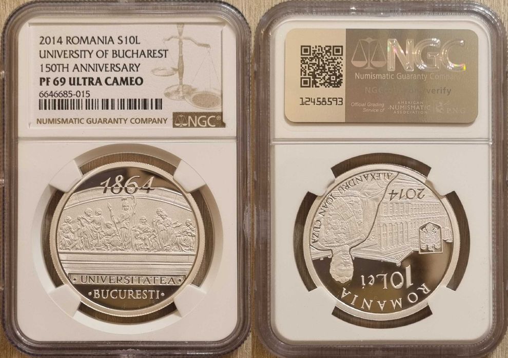 Moneda BNR 10 lei argint Universitatea Bucuresti gradata NGC PF 69