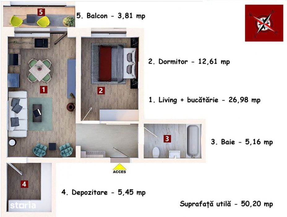 Studio 50 mp, etaj intermediar, cu balcon si loc de parcare, situat in