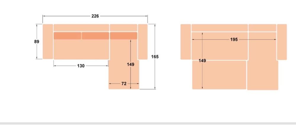 Ъглов диван размери: L226 B165 H85 см  площ за сън 149/195 см